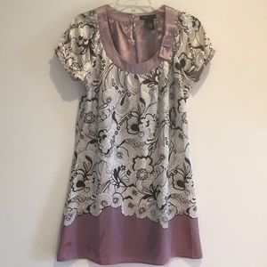 BCBG MaxAzria Short Sleeve Bow Lavender White Floral Satin Dress Small